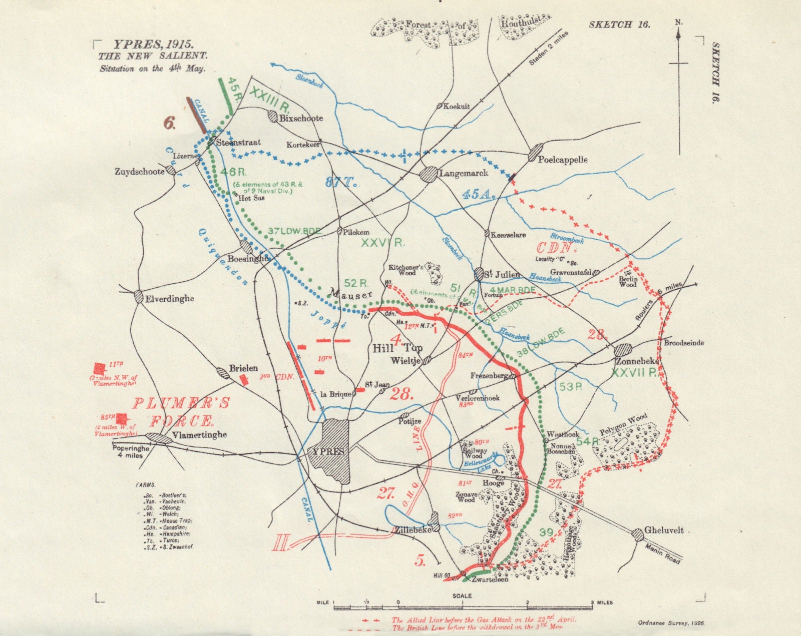 Ypres, new salient. Situation 4th May 1915. First World War. 1927 old map